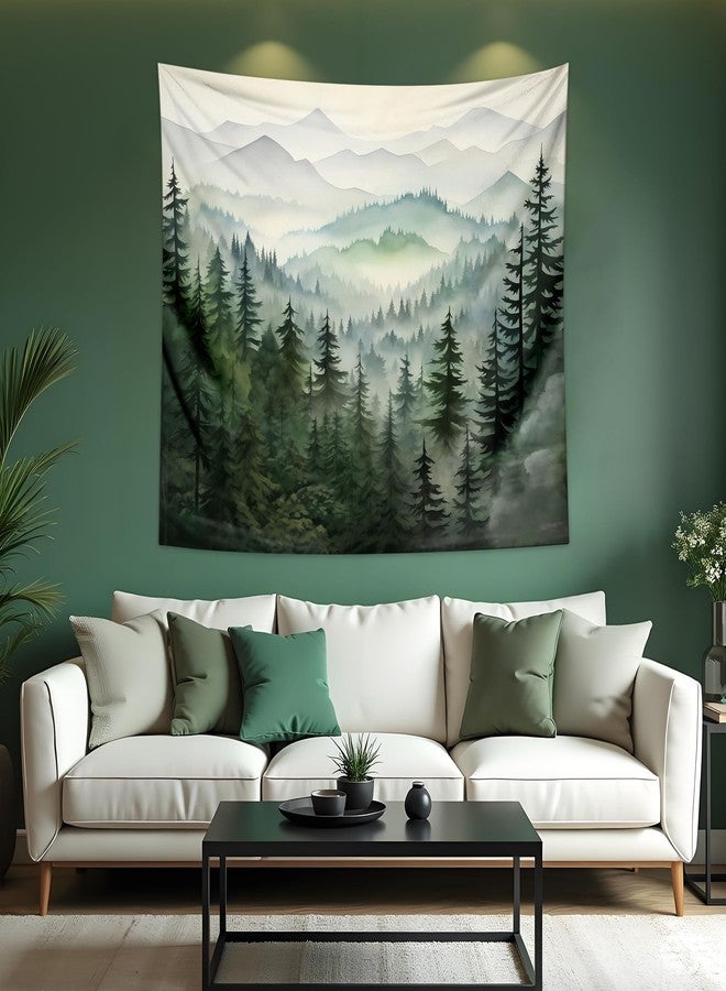 QGHOT Forest Tapestry Nature Mountain Tapestry Wall Hanging Sage Green Watercolor Landscape Wall Art for Bedroom Living Room Decor 59.1"x51.2" - Image 1
